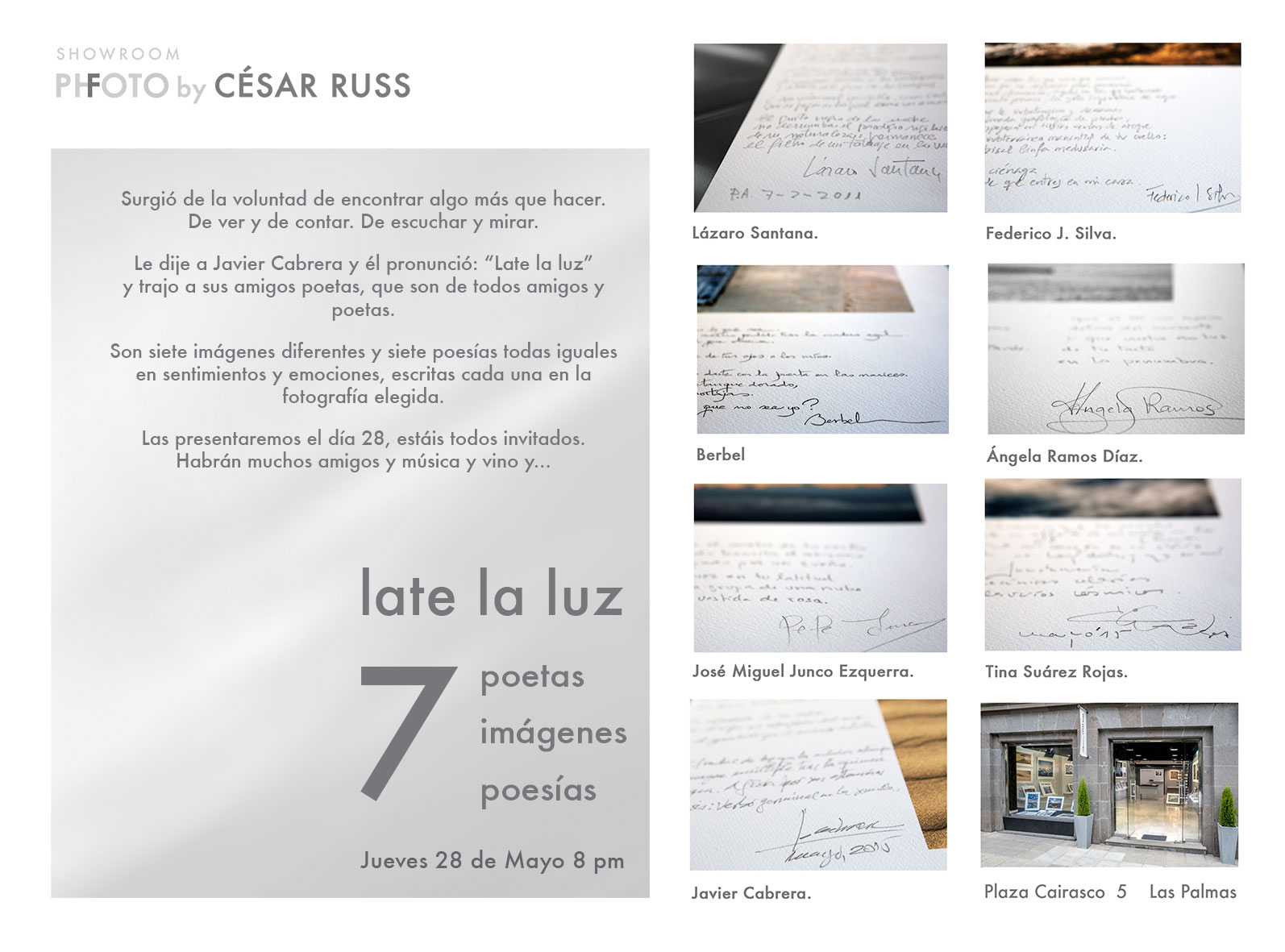 Siete poetas se darán cita en el Showroom de César Russ en Las Palmas de Gran Canaria, el jueves 28 de mayo a las 20.00h.