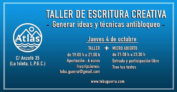 Taller de escritura creativa con Tebu Guerra en Atlas Gran Canaria, el próximo jueves 4 de octubre
